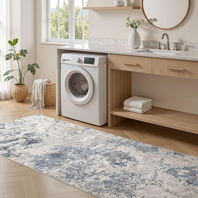 Hallway Washable Runner Rug: 3x12 Abstract Modern Soft Stain Resistant Non-Slip Backing Runner for for Entryway Kitchen Laundry - Blue Brown