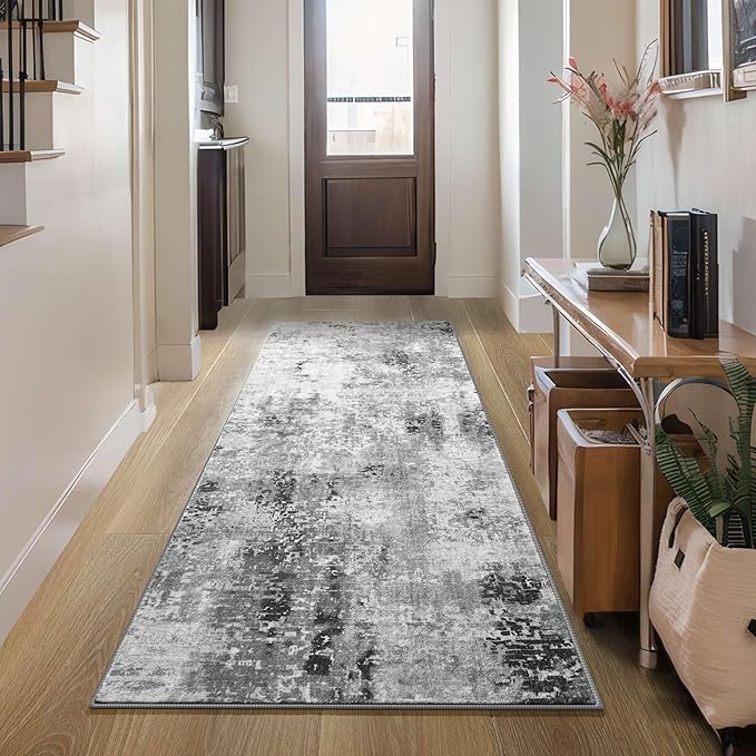 Ompaa Non Slip, Washable, Soft Abstract Long Carpet Runner Rug with Rubber Backing for Hallways, Kitchen, Bedroom, Bathroom, Entryway, Grey, 2x6 ft