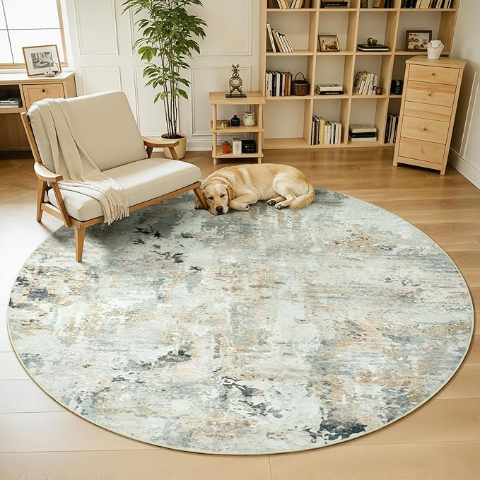 Abstract Round Rugs 6ft, Non-Slip Washable Circle Rug for Living Room, Stain Resistant Neutral Indoor Soft Floor Carpet for Bedroom Nursery, Brown/Grey