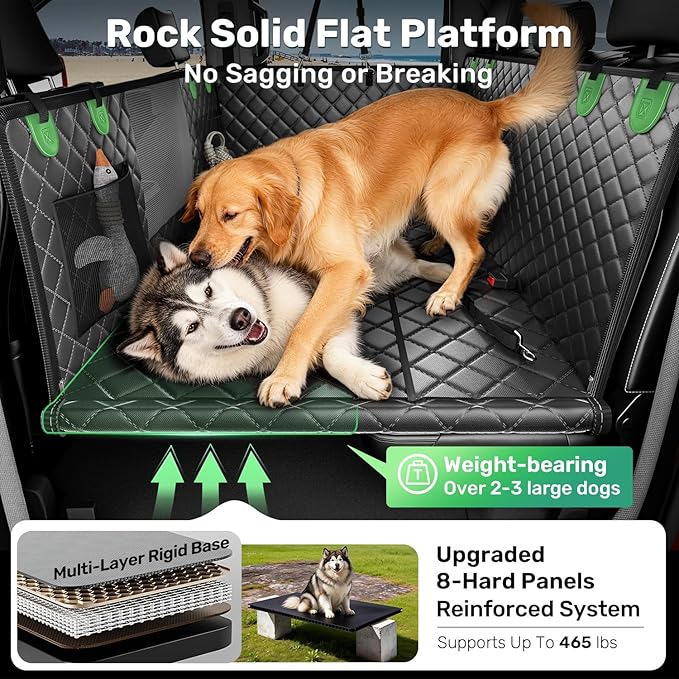 Zanch Heavy-Duty Dog Car Seat Cover, Flat Solid Back Seat Extender for Multi Large Dogs, Hard-Base Supports 450 lb, Waterproof Scratchproof Hammock Protector, Standard for Cars, SUV, Trucks, Green