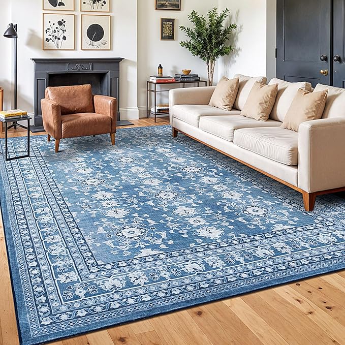 Lessymo 8x10 Area Rugs for Living Room, Machine Washable Non Slip Large Rug, Soft Low Pile Carpet for Bedroom Dining Office, Vintage Blue/White Distressed Floral Floor Decor
