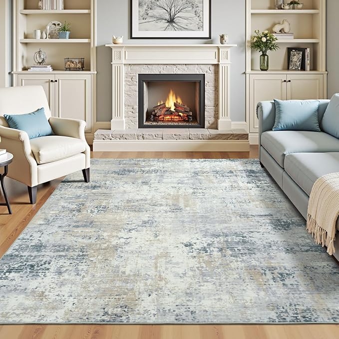 Area Rug 6x9 Washable Rugs for Living Room Blue Beige, Modern Abstract Non-Slip Low-Pile Printed Accent Carpet for Bedroom Office