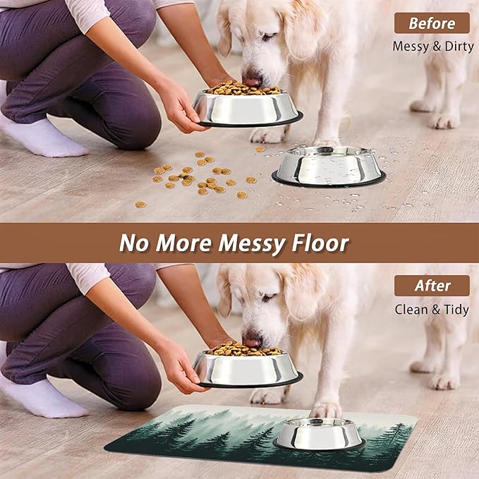 Misty Forest Pet Feeding Mat,Absorbent Quick-Dry Cat Dog Food and Water Bowl Mats,Non-Slip Rubber Backing Mat,Cat Dog Accessories Supplies 16"x24"