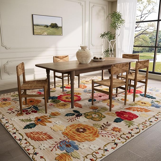 9x12 Area Rug Washable Rugs: Large Living Room Rug Stain Resistant Non Slip Distressed Vintage Floral Rug Low Pile Faux Wool Soft Rugs for Bedroom Bedside Farmhouse Dining Room Kids Playroom Nursery