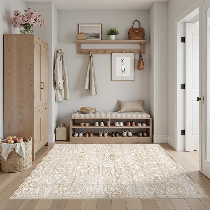 3x5 Area Rugs for Entryway,Washable Vintage Low Pile Non-Slip Throw Area Rugs, Accent Rug Floral Print Indoor Mat for Bedside Living Room Kitchen Bedroom Beige
