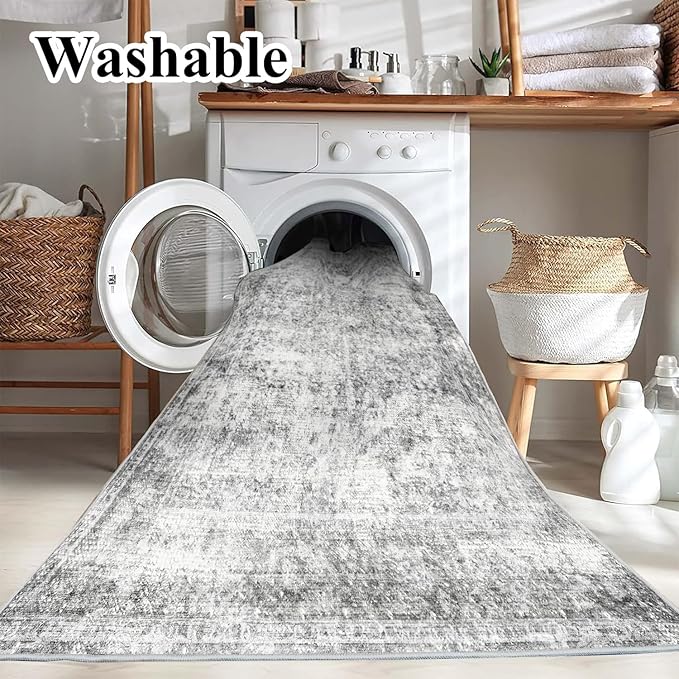 Area Rug 6x9 Washable Rug Gray Vintage Traditional Floor Cover Thin Rug Retro Kitchen Indoor Distressed Non Slip Carpet Floral Print Mat Living Room Bedroom Dining Room