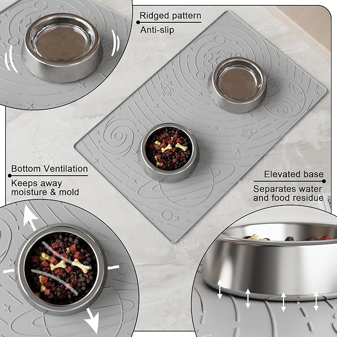 OHMO Dog Food Mat, Silicone Waterproof Cat Food Mat, Non-Skid Spill Proof Pet Feeding Mat for Food and Water, Easy to Clean Dog Placemat(Ash Light Grey, 23.6" x 15.8")
