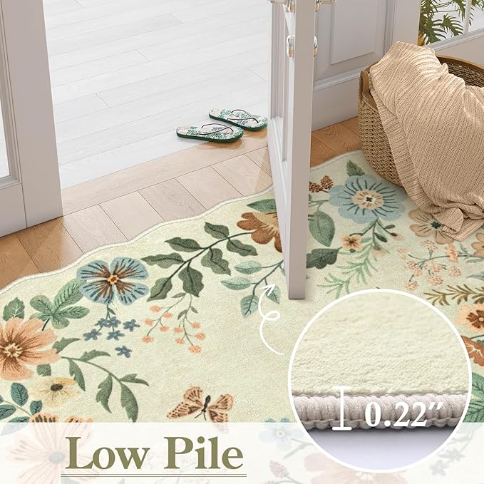 Lahome Floral Washable Runner Rug, 2'6''x8' Soft Hallway Rug Non Slip, Boho Ultra-Thin Kitchen Runners for Hallways with Rubber Backing Carpet for Laundry Bedroom Bathroom(Beige)