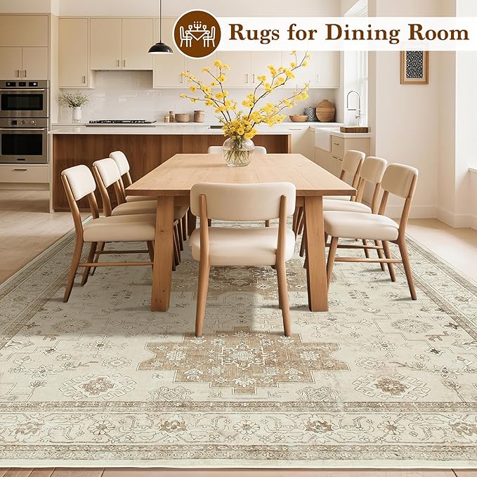 LBRO2M Distressed Washable Rugs 9X12 Area Rug for Living Room for Bedroom Dining Room Non Slip Farmhouse Rugs Easy Clean, Stain Resistant Carpet Great for Pets and Kids (9'X12' Beige)
