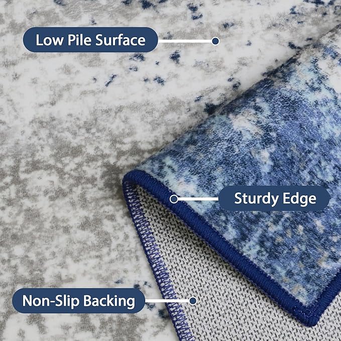 Area Rugs 8x10 for Living Room Bedroom, Modern Abstract Machine Washable Rug, Large Soft Low Pile Floor Cover with Non Slip Backing for Dining Room, Navy Blue Gray