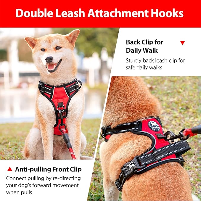 PoyPet No Pull Dog Harness, No Choke Front Clip Dog Reflective Harness, Adjustable Soft Padded Pet Vest with Easy Control Handle for Small to Large Dogs(Red,S)