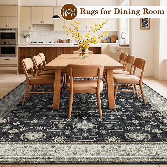 LBRO2M Black Washable Rugs 10X14 Area Rug for Living Room for Bedroom Dining Room Non Slip Farmhouse Rugs Easy Clean, Stain Resistant Carpet Great for Pets and Kids (10'X14' Charcoal Black)