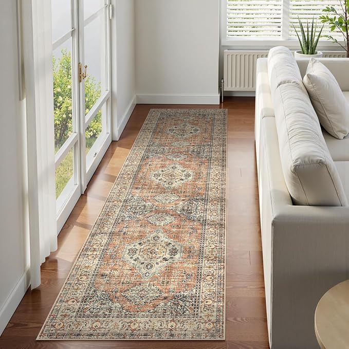 Lahome Oriental Hallway Runner Rug, 2.5x8 Kitchen Runner Non Slip Ultra-Thin, Soft Washable Hallway Rug Distressed Non Shedding Long Carpet for Entryway ?랰aundry Room Bathroom, Peach/Orange