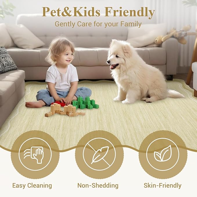 GarveeHome Washable Runner Rug 2x6 Kitchen Hallway Scalloped Rugs Non Skid Stain-Resistant Washable Modern Solid Soft Entryway Carpet Runner for Bathroom Laundry Room Bedside(Beige Yellow, 2x6)