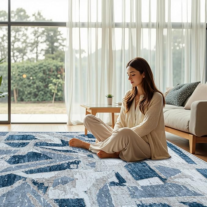 8X10 Area Rugs for Living Room Bedroom,Modern Abstract Large Carpet Washable Rugs 8x10 for Dining Room Office,Non Slip Blue Print Faux Wool Thin 8 by 10 Indoor Nursery Kids Home Pet & Child Friendly