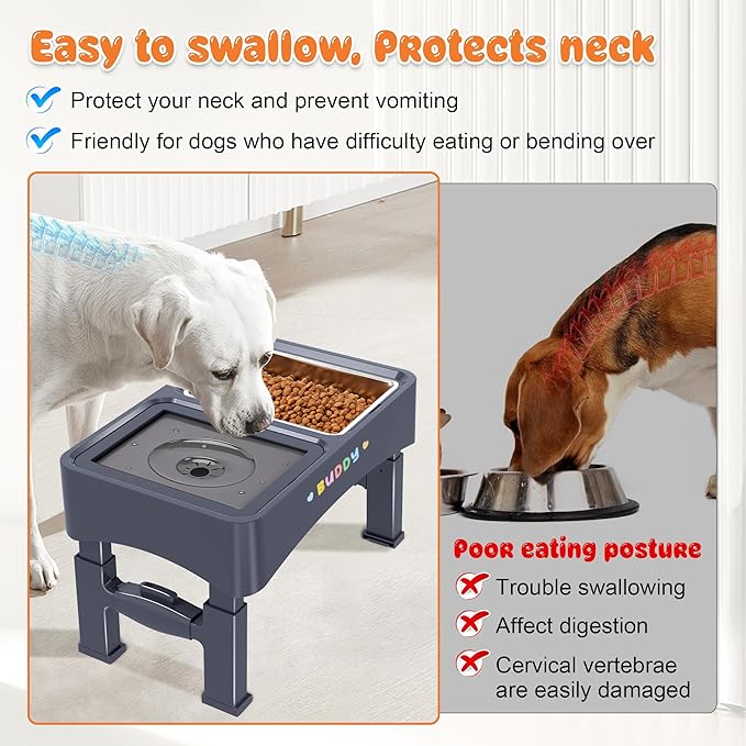 Decflow 3-in-1 Elevated Dog Bowls, 4 Height Adjustable Raised Dog Bowl with Stainless Steel Food Bowl, Slow Feeder, No Spill Water Bowls for Medium Large Dogs