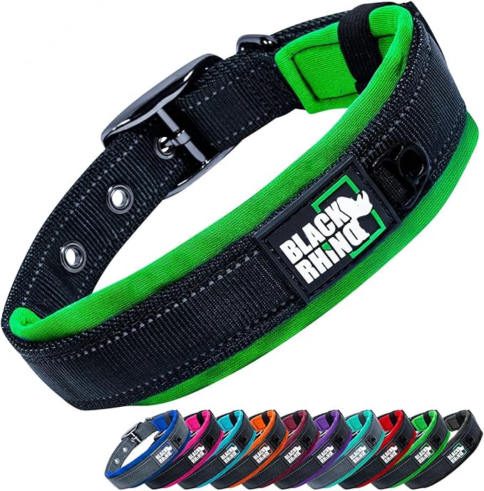 Black Rhino Dog Collars for Small Dogs - Adjustable Reflective Heavy Duty Dog Collar with Ultra-Soft Neoprene Padding - Weatherproof, Durable, and Comfortable for Active Dogs - Green and Black