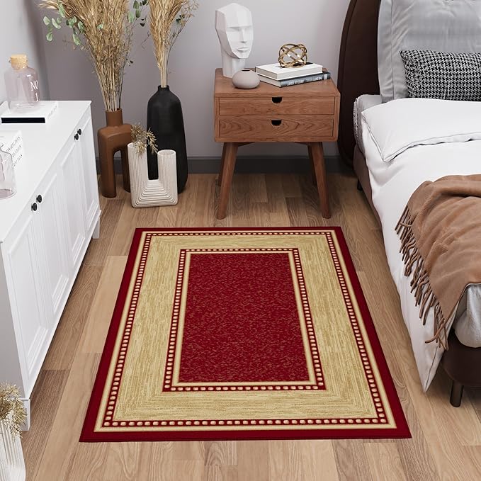 Ottomanson 3'3" x 4'7" Rugs for Living Room Border Area Rug for Bedroom - Non Slip Durable Large Floor Carpet for High Traffic Areas - Indoor Rug for Dining Room Kitchen Kids Playroom, Red