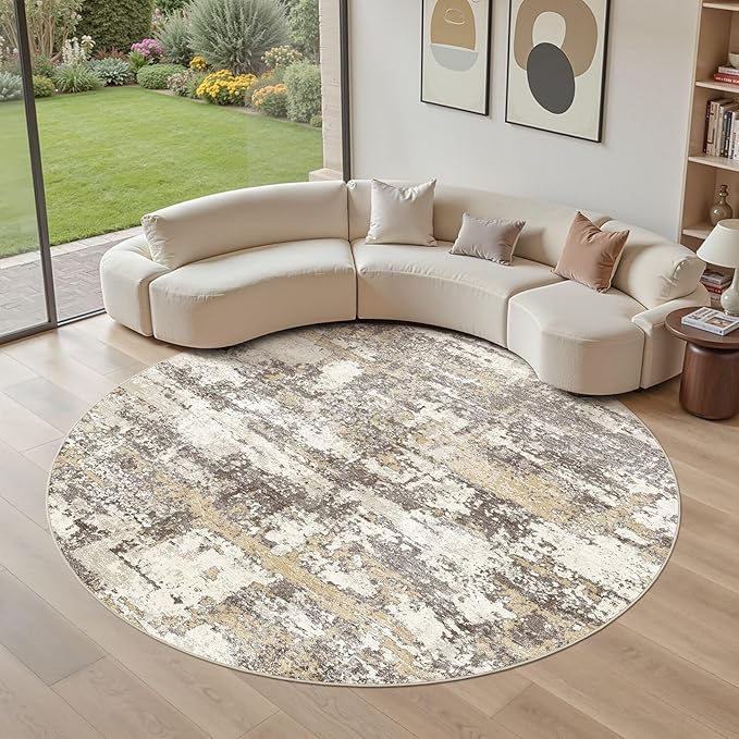 8ft Round Area Rugs for Living Room: 8x8 Abstract Washable Rug Modern Large Soft Stain Resistant Non-Slip Backing Machine Table for Bedroom Dining Room Indoor Home Office Carpet - Gold Brown
