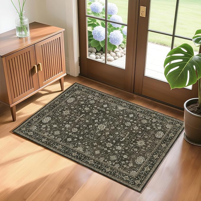 LBRO2M Farmhouse Rug 2X3 Washable Rugs for Kitchen Entryway Bathroom, Vintage Non Slip Area Rugs Soft Low Piles (2X3 Dark Brown)