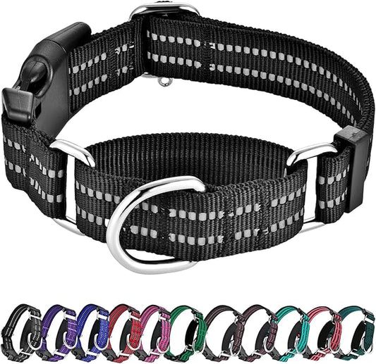 Hikiko Martingale Collar for Dogs Reflective Nylon Dog Collar with Quick Release Buckle Adjustable Training No Slip Dog Collars (Medium, Black)