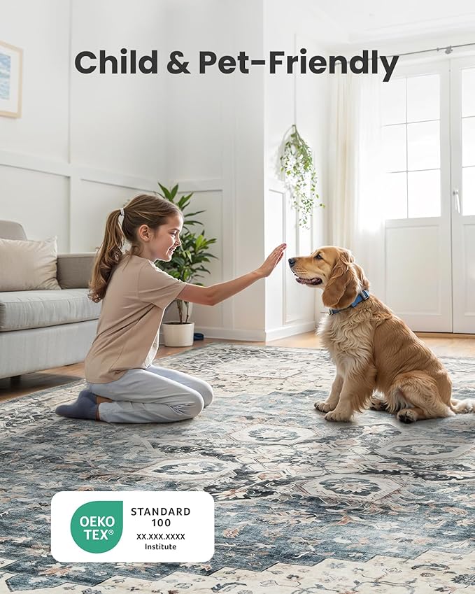 AMADA HOMEFURNISHING 8ft Area Rugs, Blue Low-Profile Washable Rug with Non-Slip Backing & Durable Edge Binding, Vintage Rugs for Living Room, Bedroom, Dinning Room