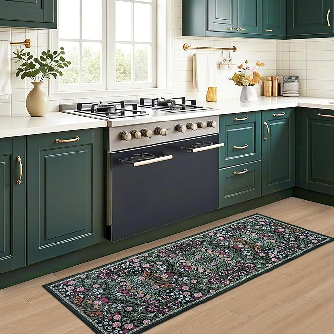 Runner Rug for Entryway: 2.6x8 Kitchen Rugs Non Slip Washable Ultra-Thin Soft Floral Carpet Indoor Floor Stain Resistant Carpets for Hallway Bedroom Kitchen Laundry Bathroom Dorm Dark Green