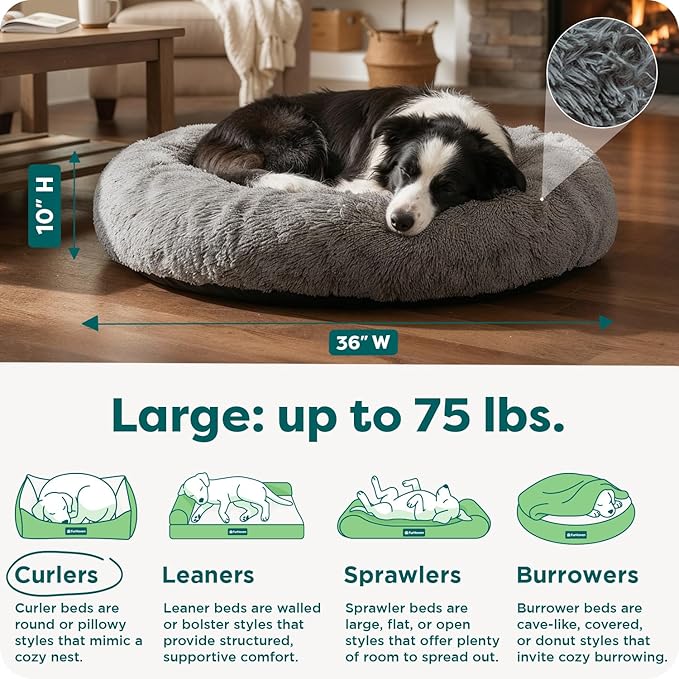 Furhaven 36" Round Calming Donut Dog Bed for Large/Medium Dogs, Refillable w/ Removable Washable Cover, For Dogs Up to 75 lbs - Shaggy Plush Long Faux Fur Donut Bed - Gray, Large
