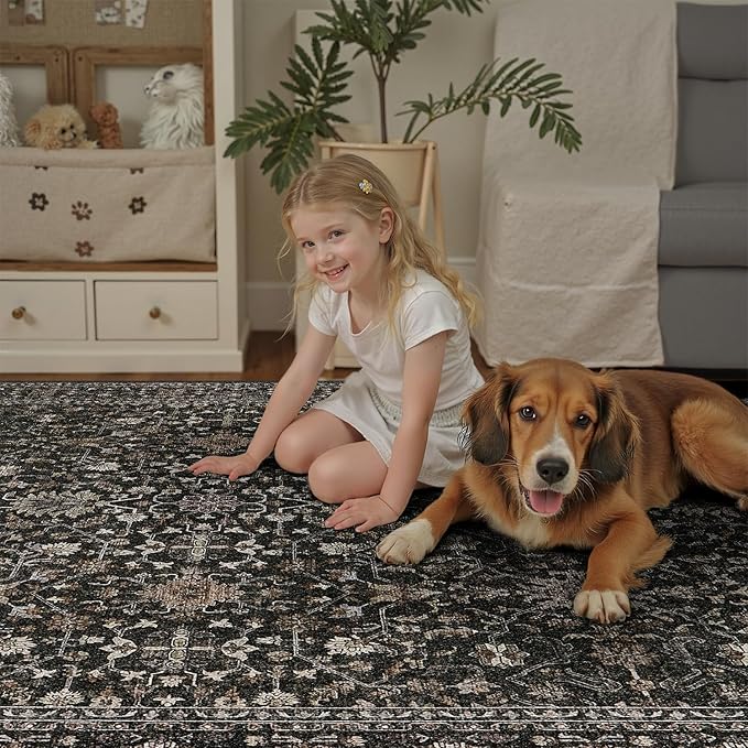 DCX Black 9x12 Rug, Kid & Pet Friendly with Rubber Back Non Slip, Machine Washable Stain Resistant Vintage Traditional Distressed Carpet, Rug for Living Room, Bedroom, Home Decor