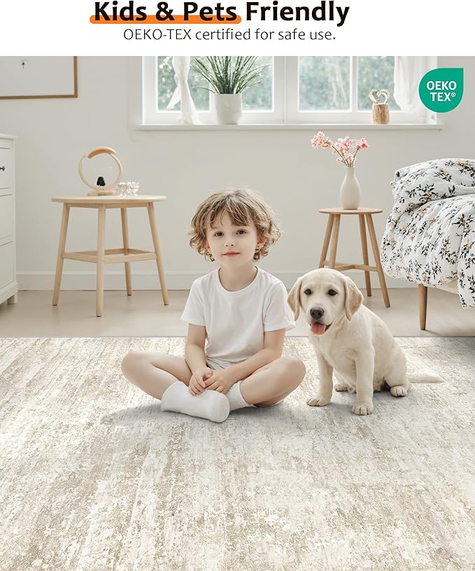 Art&Tuft Washable Rugs 8x10, Anti-Slip Backing Abstract 8x10 Area Rugs for Living Room, Foldable Stain Resistant Machine Washable Area Rug(8'x10', Beige)