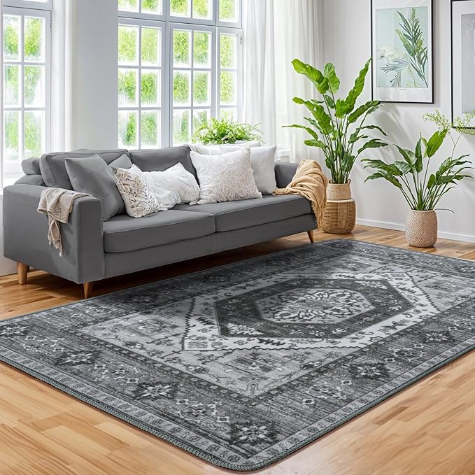LBRO2M Boho 4X6 Rug Washable Rugs for Bedroom Non Slip Indoor Carpst, Soft Low Piles Rug Dark Gray Foldable Rugs for Living Room Pet Friendly Area Rugs Stain Resistant (4'X6' Dark Gray)