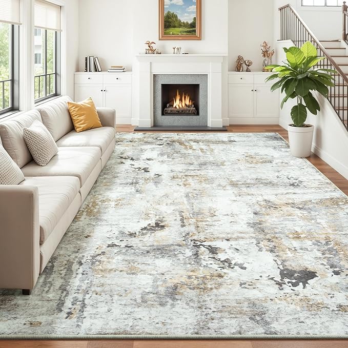 Area Rugs 9x12 Living Room, Large Soft Washable Abstract Neutral Bedroom Rug, Non-Slip Stain Resistant Floor Carpet for Dining Room Nursery, Brown/Grey