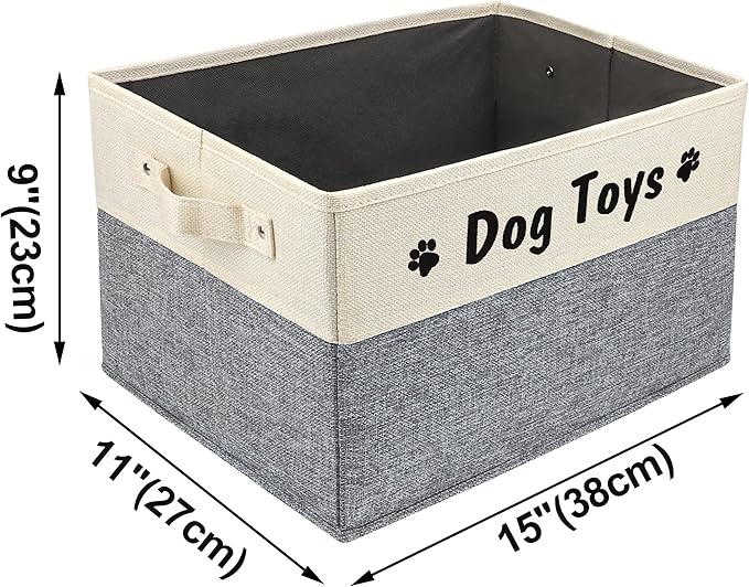PET ARTIST Dog Toy Basket, Foldable Dog Toy Bin Box for Living Roon Area, Collapsible Storage Basket with Comfortable Handles for Pet Coat, Accessories, Gray, 15"x11"x9"