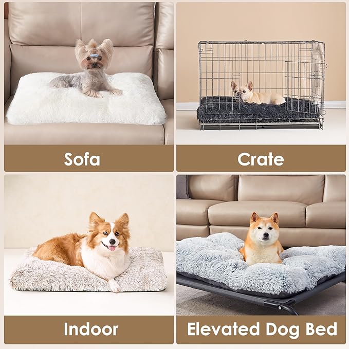 EHEYCIGA Fluffy Dog Crate Bed for Large Dogs, Plush Faux Fur Crate Pad, Calming Anti Anxiety Large Dog Bed, Washable Soft Warm Mat with Non-Slip Bottom, Brown