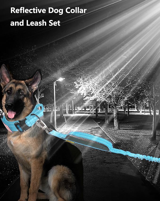 AUBELL Tactical Dog Collar and Leash Set, Reflective Adjustable Heavy Duty Military K9 Collars with Handle and Metal Buckle for Extra Large Dogs, with Airtag Case and 2 Patches(Blue,XL)