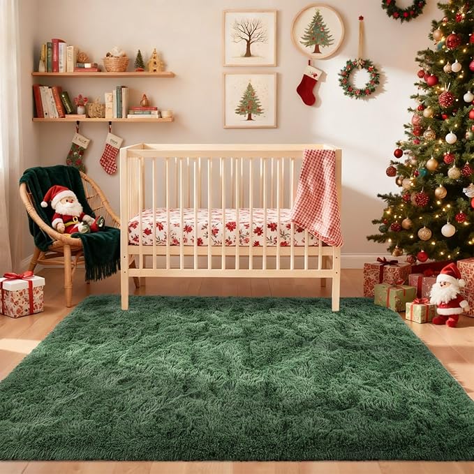 4x6 Ft Shag Green Area Rug for Bedroom Living Room, Ultra Soft Fluffy Furry Rugs for Indoor Floor, Aesthetic Carpet for Kids Home Decor