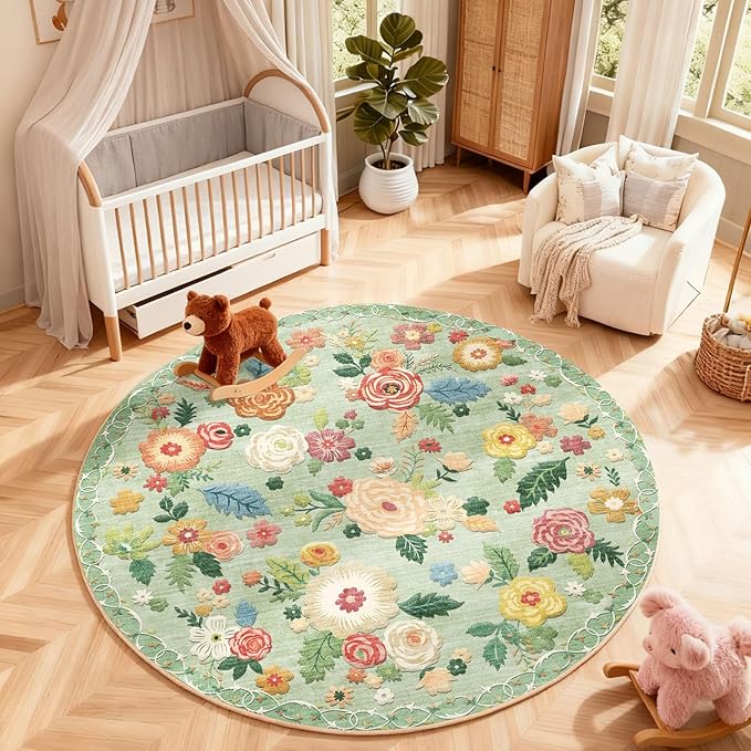 4x4 Round Bedroom Rug Washable: Round AreaRug Stain Resistant Green Floral Rug Non Slip Low Pile Small Carpet for Bedroom Kitchen Entryway Living Room Bedside Office Dorm Kids Room Entrance
