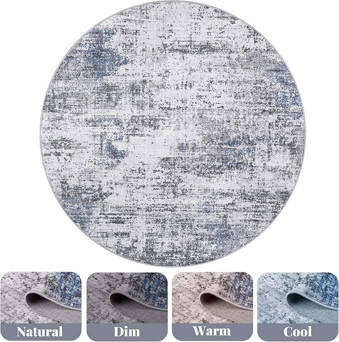 Area Rug Living Room Washable Rugs: 6x6 Modern Neutral Abstract Low Pile Non Slip Floor Carpet - Large Soft Thin Stain Resistant Rug for Bedroom Dining Indoor Office Home, Blue Grey