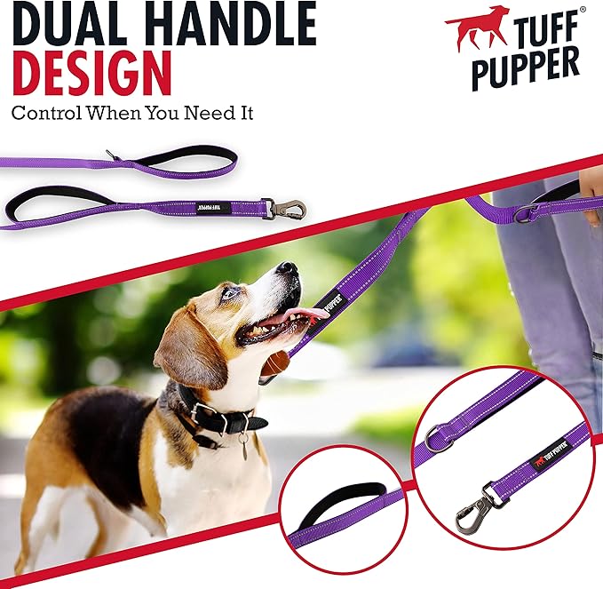Tuff Pupper Heavy Duty Double Handle Leash | Twist Locking Carabiner Clip | Safety Lock for Strong Dogs | Reflective for Safe Night Walks | 6 Foot Leash | For Medium & Large Dogs