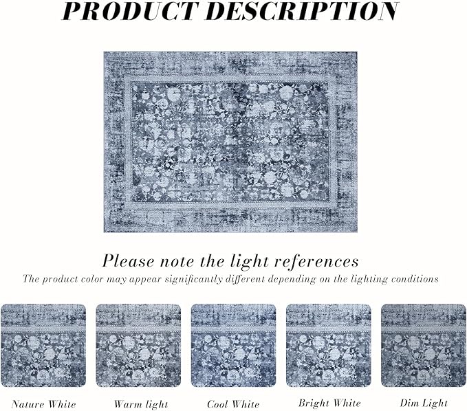 Area Rug 5횞7, Vintage Boho Rug,Ultra-Soft Low Pile, Washable, Non Slip,Stain Resistant Printed Carpet for Living Room Bedrooms Playroom Office Kitchen, Stone/Blue