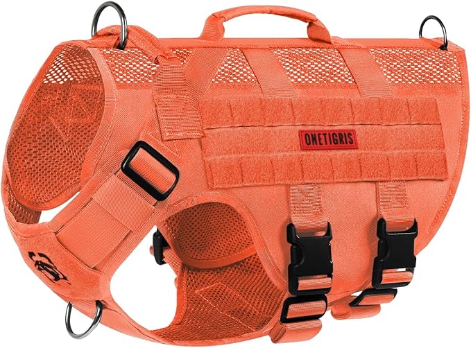 OneTigris No Pull Tactical Dog Harness for Large Dogs, Mesh Design Breathable Service Dog Vest with Handle, Military Dogs Vest Harness with Molle Panels for Walking Hiking Training (Orange, Large)