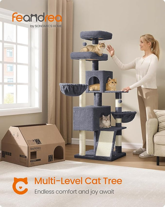 Feandrea Cat Tree, 68.5-Inch Tall Cat Tower, Multi-Level Plush Condo with Large Perch, Scratching Posts, Double Caves, Dark Gray UPCT006G02