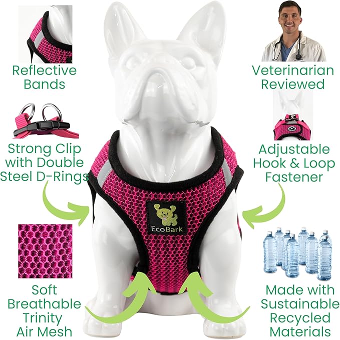 EcoBark Step in Dog Harness - Eco-Friendly Teacup Dog Harnesses for XXS, XS, and Small Dogs - Reflective and Adjustable Mini Body Halter Vest -Tiny Soft Mesh Toy Breed Harness (Fuchsia Pink, XXS)
