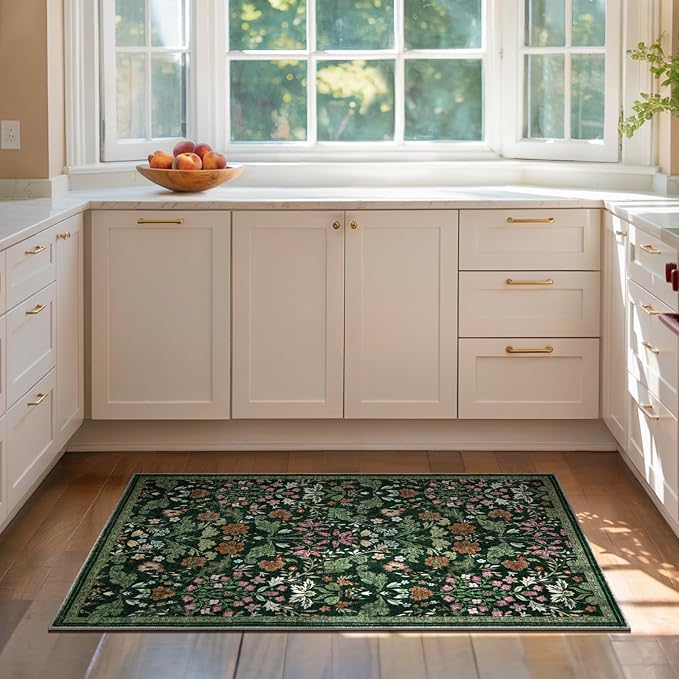 Floral Entryway Washable Rug: 2x3 Soft Low Pile Thin Indoor Front Door Mat, Non Slip Stain Resistant Vintage Flower Boho Accent Small Rugs for Bedroom, Kitchen, Bathroom, Nursery Entrance - Green