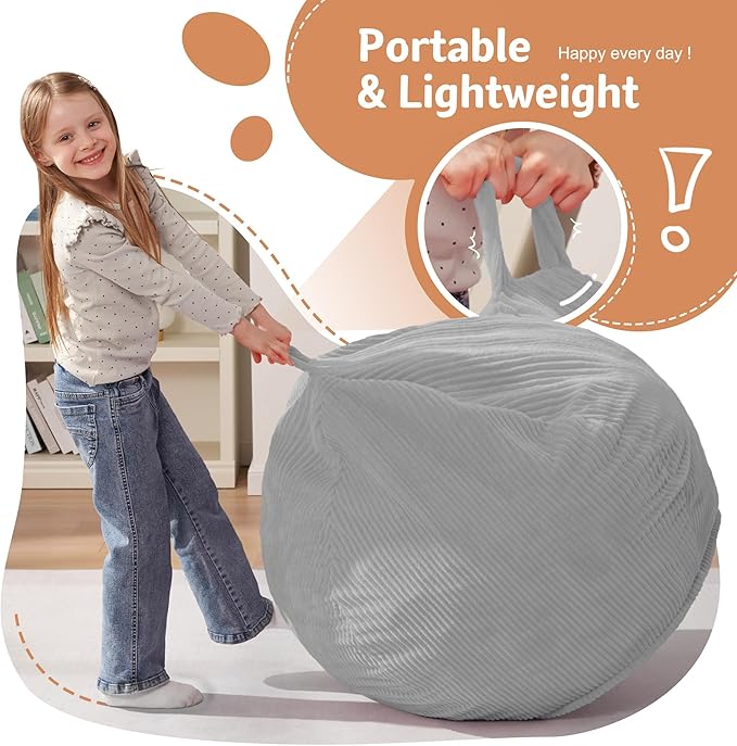 Homguava 2.5FT Bean Bag Chair,Teardrop Bean Bags Small Beanbag Chair with Memory Foam Filled and Ultra Soft Corduroy Cover for Living Room, Bedroom(Light Grey)