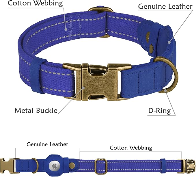 Reflective Leather Dog Collar with AirTag Holder - Soft Apple Airtag Dog Collar with Metal Buckle - Safety Cotton Pet Collars for Dogs Small Large Dogs Puppy (Blue, XL, 20"-25")