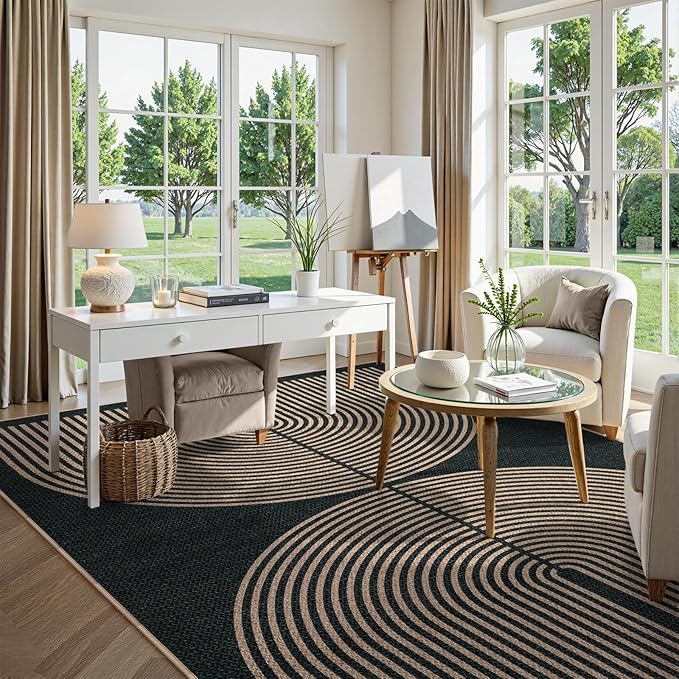 Lahome Modern Rainbow Easy Jute Rug, Washable Rugs 8x10 for Living Room Indoor Outdoor Patio Farmhouse Large Carpet, Contemporary Non Slip Black Carpet for Bedroom Backyard Office Decor