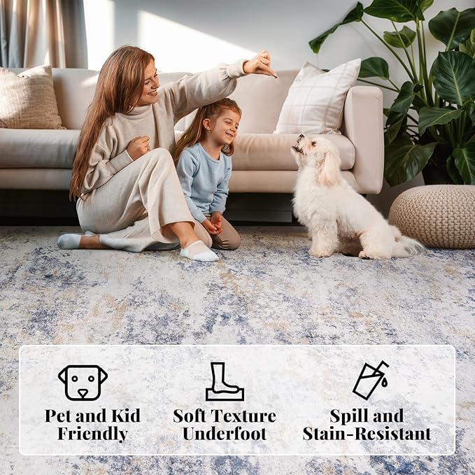 Area Rug Living Room Washable Rugs: 5x7 Modern Neutral Abstract Low Pile Non Slip Floor Carpet - Large Soft Thin Stain Resistant Rug for Bedroom Dining Indoor Office Home, Blue Glod