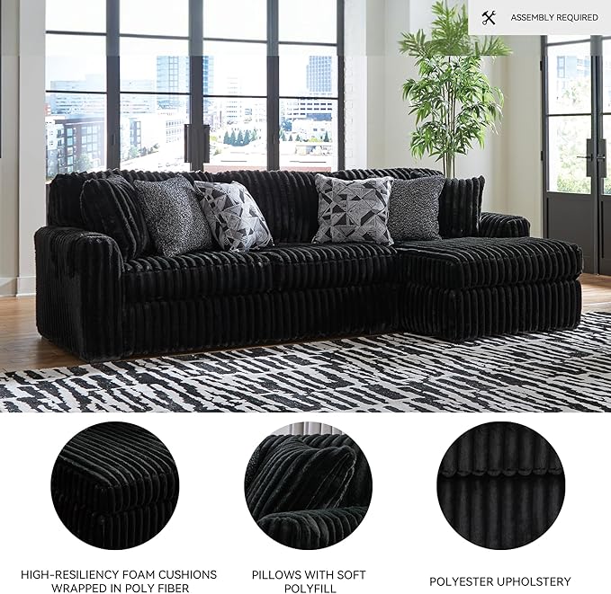 Signature Design by Ashley Midnight-Madness Contemporary L-Shaped 2-Piece Sectional Sofa with Chaise for Living Room, Black