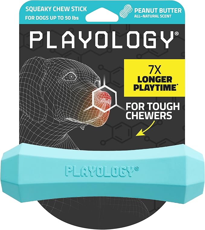Playology Dog Toys | Durable Squeaky Chew Stick for Dogs | Medium Peanut Butter Scented Toy - Easy to Clean and Made from Non Toxic Materials